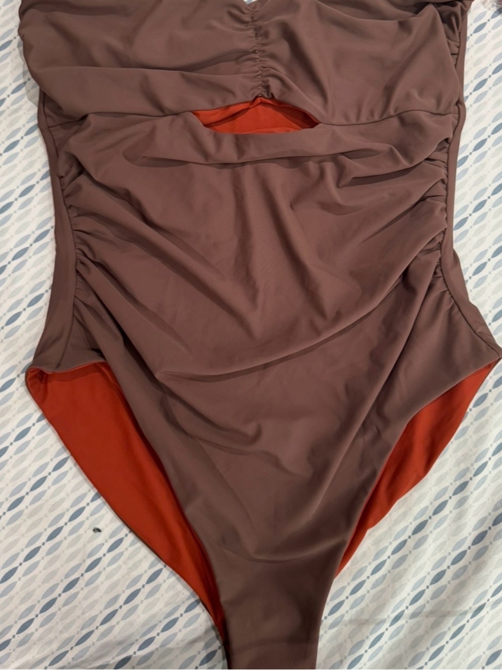 Women’s Ruched One-Piece Swimsuit in Chocolate Brown with Rust Accents